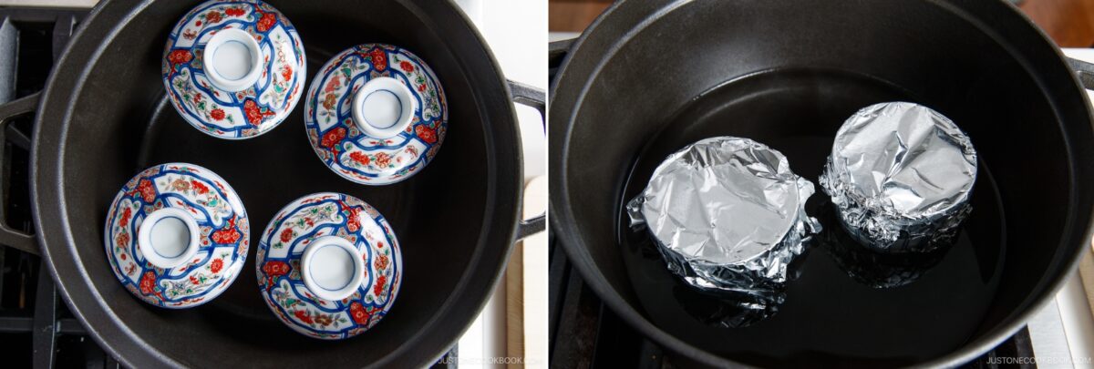 Two images side by side: left shows four small bowls with colorful lids in a pot; right shows two foil-covered bowls gently steaming in water—likely preparing Chawanmushi, a Japanese savory steamed egg custard.