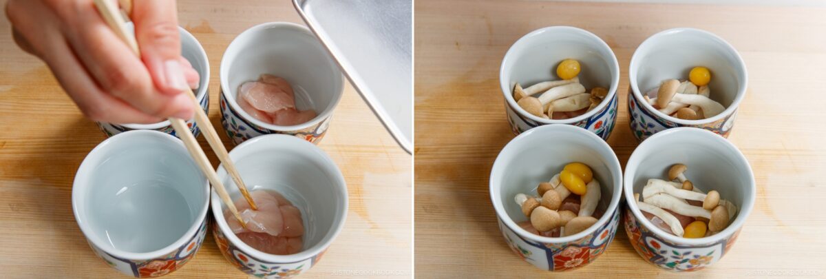 Four small patterned bowls are shown. On the left, a hand uses chopsticks to add raw chicken for Chawanmushi. On the right, the bowls are topped with assorted mushrooms and ginkgo nuts, ready for this Japanese savory steamed egg custard.