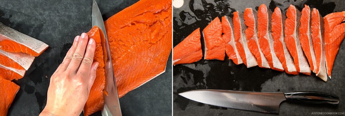 Salted salmon fillet being sliced for Japanese cuisine.