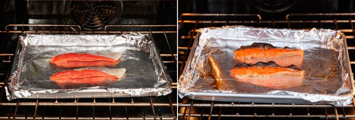 Salted salmon fillets baked in the oven on a baking sheet lined with aluminum foil.