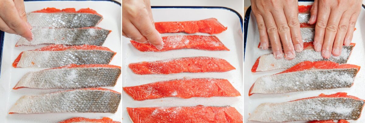 Salted salmon fillets ready for grilling or cooking.