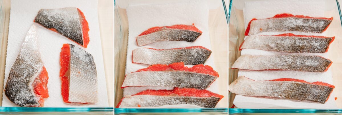 Salted salmon fillets ready for grilling or cooking, showcasing the traditional Japanese preparation of shiozake. Perfect for authentic Japanese breakfast or dinner dishes.