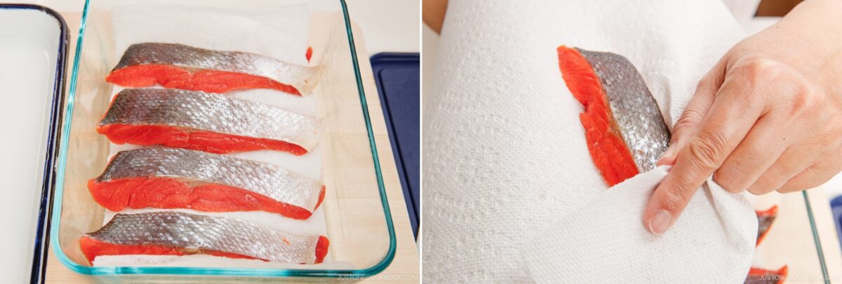 Fresh Japanese salted salmon (shiozake) fillets being prepared for cooking, showcasing traditional Japanese curing process.