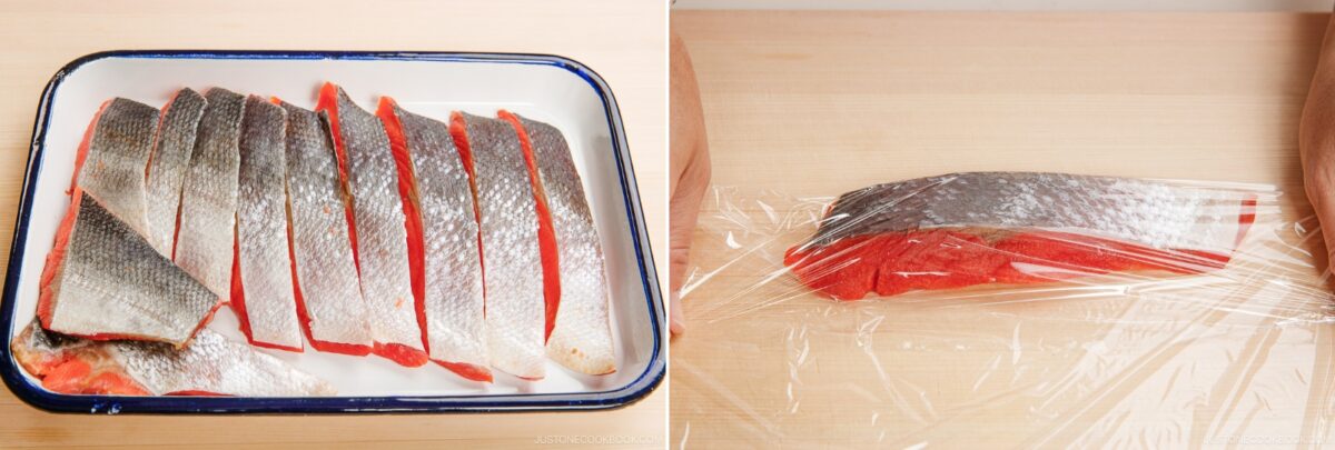 Japanese salted salmon fillets ready for grilling or cooking.