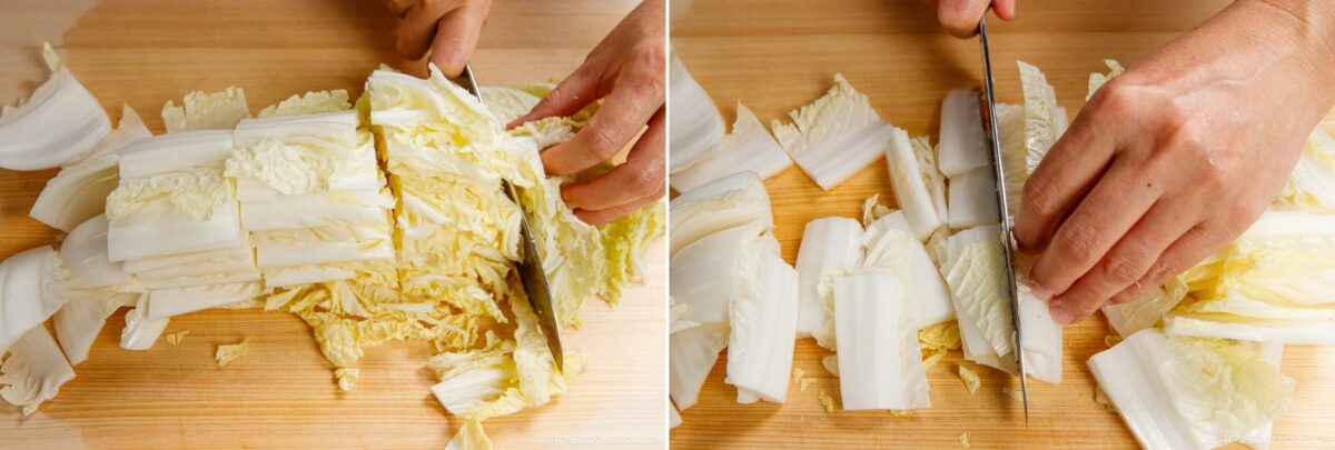 Two close-up photos show hands chopping napa cabbage on a wooden cutting board for Napa Cabbage Stir-Fry, slicing the leaves into small pieces—just like you'd find in recipes from Just One Cookbook.