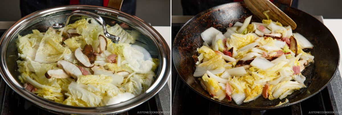 Side-by-side images show Napa Cabbage Stir-Fry with sliced meat being cooked in a wok. The left displays the ingredients steaming under a glass lid, while the right reveals them mixed and sizzling together—a classic from Just One Cookbook.