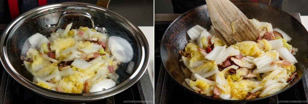 Two side-by-side images: on the left, napa cabbage, bacon, and mushrooms simmer under a glass lid; on the right, the Napa Cabbage Stir-Fry from Just One Cookbook is being stirred with a wooden spatula.