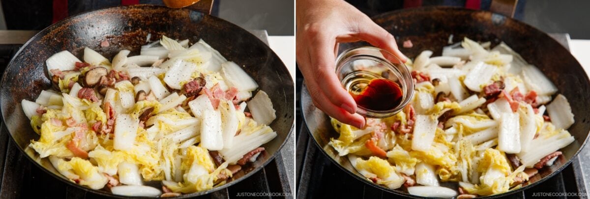 Two side-by-side images: On the left, ingredients for Napa Cabbage Stir-Fry—napa cabbage, mushrooms, and bacon—are sizzling in a pan. On the right, a hand from Just One Cookbook pours soy sauce from a small bowl into the same mixture.