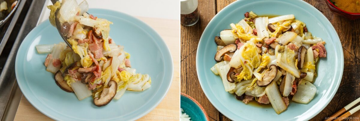 Two light blue plates hold Napa Cabbage Stir-Fry with bacon and mushrooms. The left image shows a serving being plated, while the right highlights the completed dish on a wooden table—perfect for fans of Just One Cookbook.