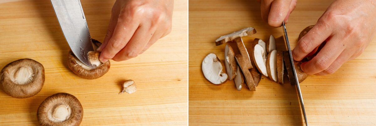 Two close-up images show hands slicing brown mushrooms on a wooden cutting board with a large knife—prepping ingredients for Napa Cabbage Stir-Fry, inspired by Just One Cookbook. First, stems are trimmed, then mushrooms are cut into thin slices.