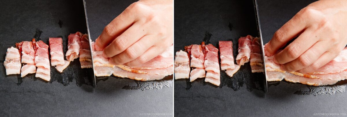 A hand uses a knife to slice raw bacon strips on a dark cutting board, with several evenly cut bacon pieces lined up beside the blade—perfect for adding savory flavor to a Napa Cabbage Stir-Fry from Just One Cookbook.