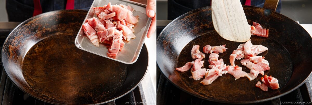 Two-panel image: On the left, chopped raw bacon is being poured into a large, empty skillet. On the right, the bacon pieces are spread out in the skillet with a wooden spatula—perfect for starting a flavorful Napa Cabbage Stir-Fry from Just One Cookbook.