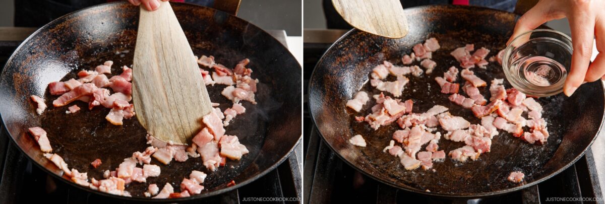 A person prepares a Napa Cabbage Stir-Fry, cooking chopped bacon in a frying pan, stirring with a wooden spatula on the left and holding a small glass bowl above the bacon on the right, just like in Just One Cookbook.