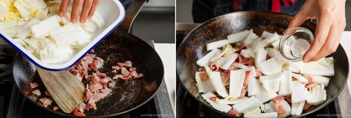 Two photos side by side: On the left, chopped napa cabbage is added to a pan with diced bacon for a savory Napa Cabbage Stir-Fry. On the right, salt is sprinkled over the mixture, inspired by Just One Cookbook.