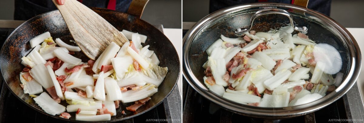 A person prepares a Napa Cabbage Stir-Fry from Just One Cookbook, stirring chopped napa cabbage and bacon in a frying pan before covering the mixture with a glass lid to cook.