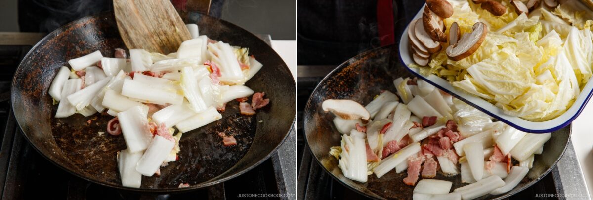 A wok on a stove with napa cabbage and bacon being stir-fried; in the second frame, more cabbage and sliced shiitake mushrooms are added—classic Napa Cabbage Stir-Fry inspired by Just One Cookbook.