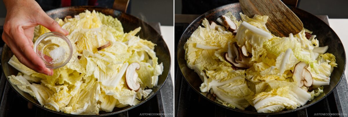 Two side-by-side images show napa cabbage and sliced mushrooms in a pan. In the left image, a hand sprinkles salt from a small bowl onto the vegetables. In the right, a spatula stirs this Napa Cabbage Stir-Fry from Just One Cookbook.