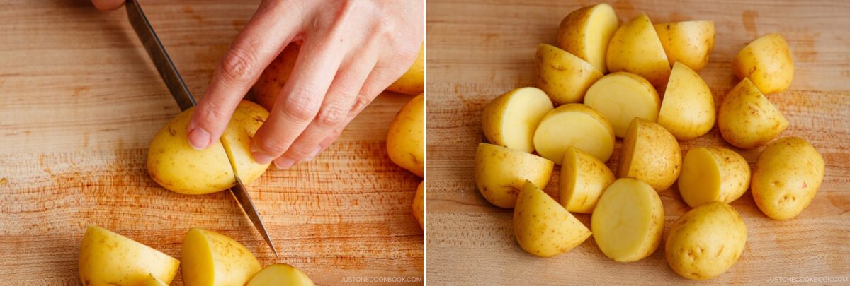 A hand slices a small yellow potato on a wooden cutting board as several quartered yellow potatoes, perfect for Simmered Potato and Chicken, are spread out on the board.