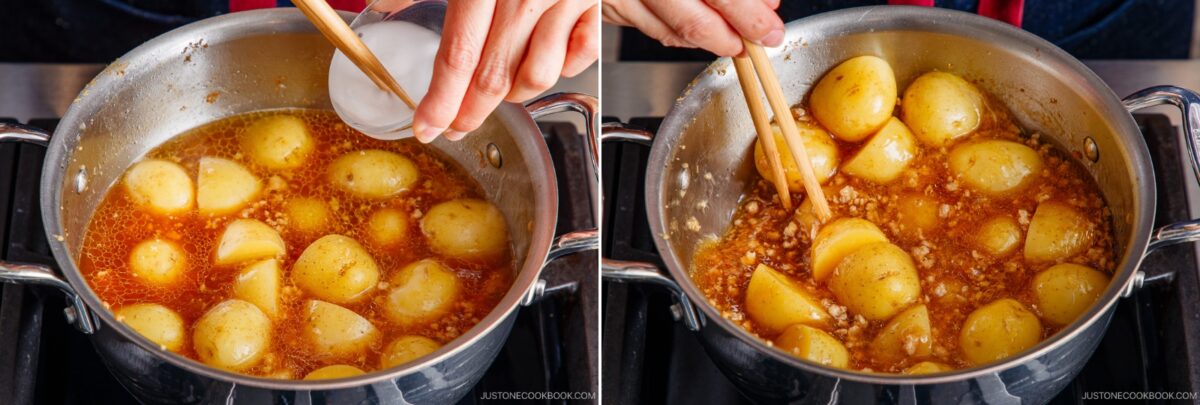 Two images side by side show a pot of Simmered Potato and Chicken in a reddish broth. On the left, a hand pours liquid into the pot; on the right, chopsticks stir the flavorful mixture as it cooks.