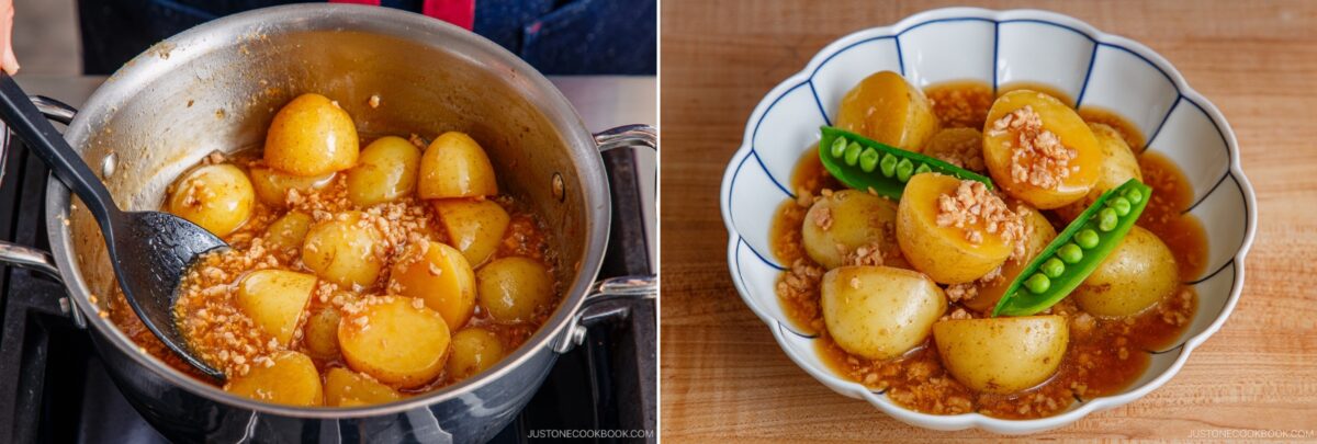 Two images: Left shows a pot of Simmered Potato and Chicken in a brown sauce, garnished with minced meat. Right shows the dish served in a bowl, topped with green peas and minced meat.