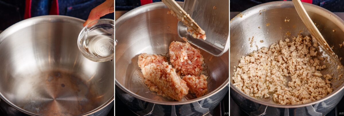 Three-panel image: First, a hand pours oil into a metal bowl. Second, raw ground meat for Simmered Potato and Chicken is added. Third, the meat is browned and broken up in the bowl.