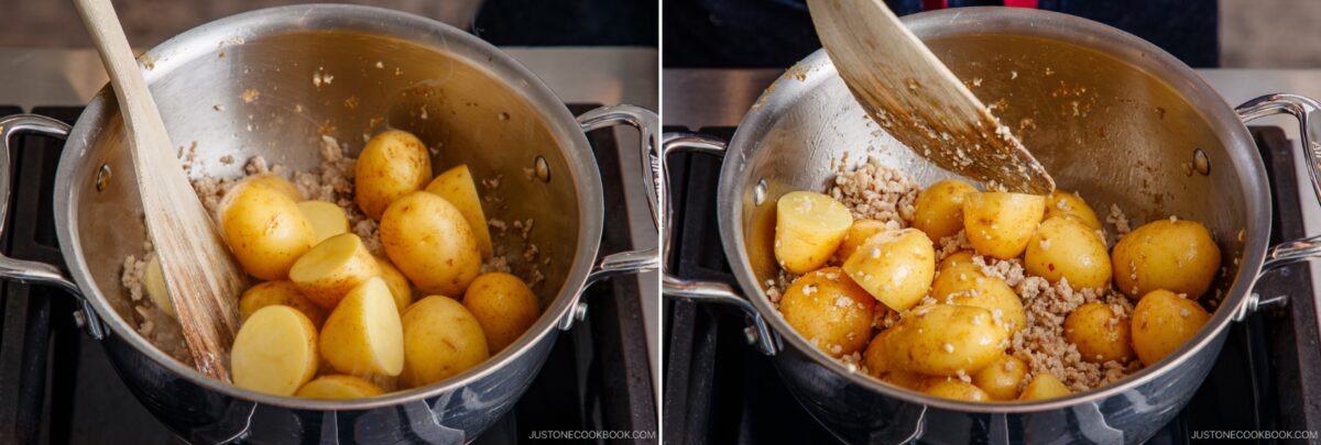 Two side-by-side photos show a pot on a stove with halved yellow potatoes and ground chicken being cooked and stirred with a wooden spatula. The potatoes are gradually being mixed, creating a savory Simmered Potato and Chicken dish.
