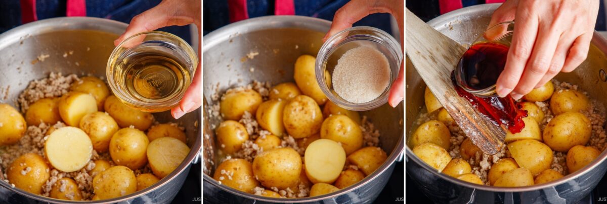 A sequence of three images showing hands adding liquid, sugar, and soy sauce to a pot filled with baby potatoes and minced ingredients for a delicious Simmered Potato and Chicken dish.