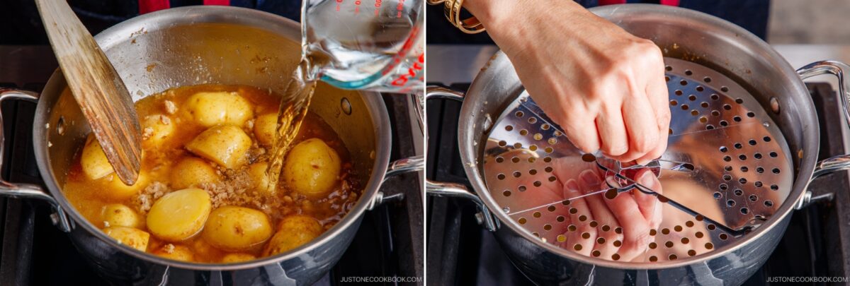 Two-panel image: Left, water is poured into a pot of halved potatoes in seasoned liquid for Simmered Potato and Chicken; right, a hand places a shiny lid with steam holes onto the pot.