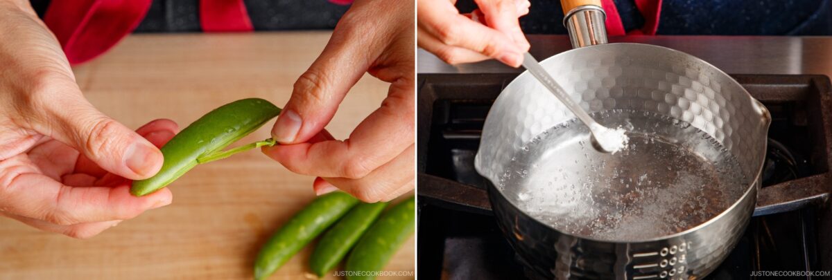 Close-up of hands snapping the ends off fresh snap peas on the left; on the right, a hand adds salt to a pot of boiling water for simmered potato and chicken on a stove.