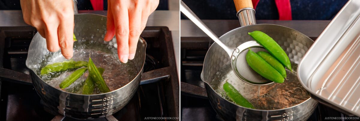 Two side-by-side images: on the left, hands drop green snap peas into boiling water; on the right, a strainer lifts snap peas out of the hot water over a stove—perfect as a fresh side for simmered potato and chicken.