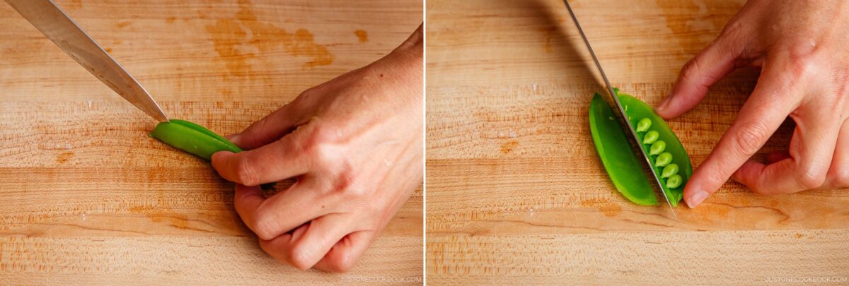 Two side-by-side photos show hands using a knife to slice open a sugar snap pea on a wooden cutting board, next to simmered potato and chicken, revealing the peas inside.