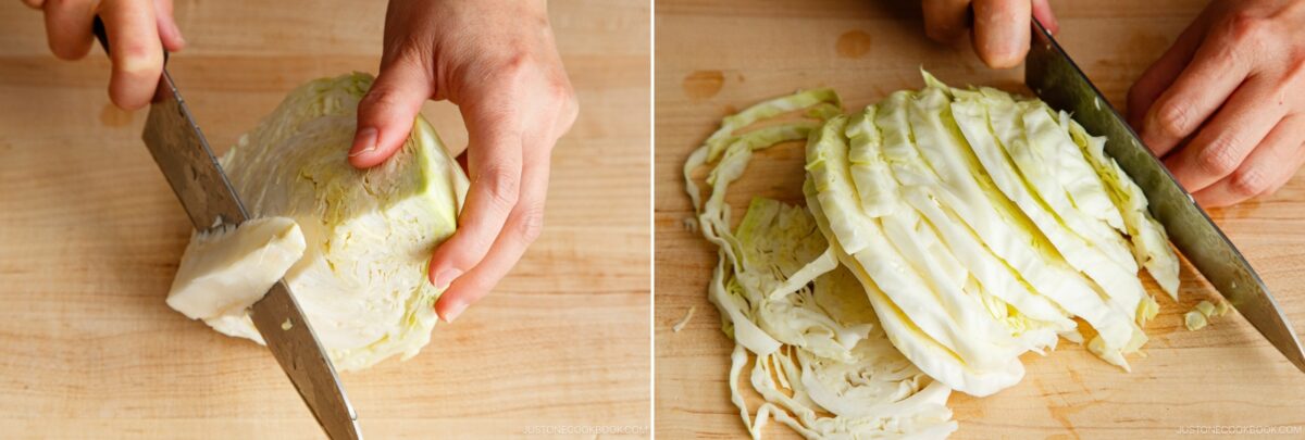 Two photos side by side show hands slicing a head of cabbage on a wooden cutting board—first trimming the core, then cutting it into thin strips with a large knife, perfect prep for any Gyoza Recipe.