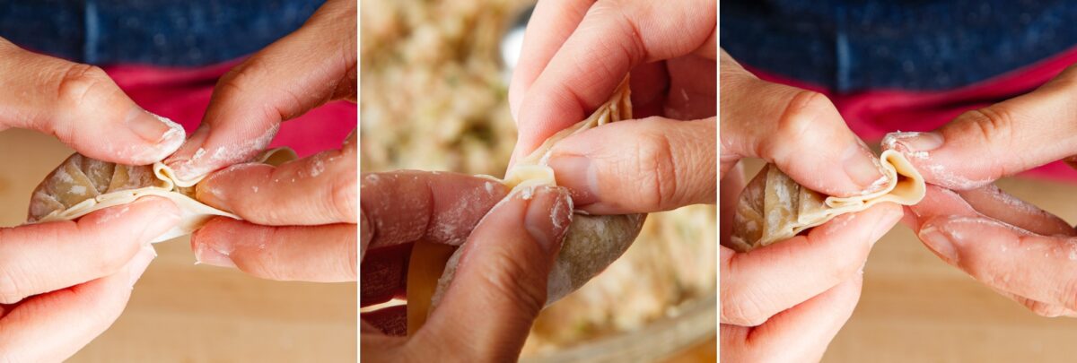 Close-up sequence showing hands folding and pinching the edges of a dumpling wrapper to seal it for a Gyoza recipe, with a blurred filling mixture in the background.