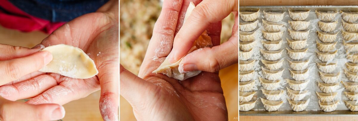 Three images show hands folding dumplings with flour-dusted dough, pinching the edges to seal them, and a tray filled with neatly arranged, uncooked dumplings—perfect steps for your homemade Gyoza Recipe.