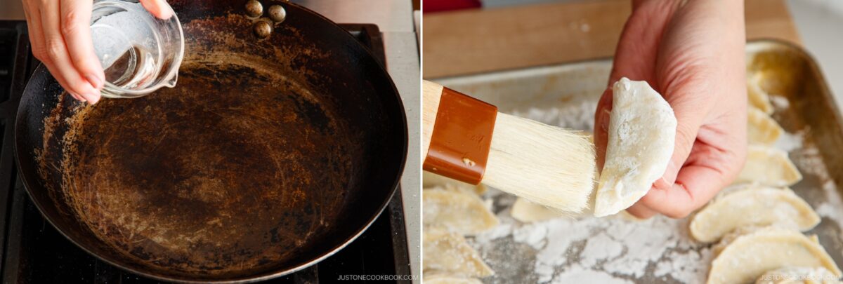 Split image: Left shows water being poured into a hot skillet. Right shows a hand brushing a dumpling with a thick pastry brush, prepping more gyoza in the background—a perfect step in this authentic Gyoza Recipe.