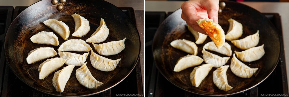 Left: A pan filled with uncooked dumplings arranged in a circle. Right: A hand holds up a crispy, golden-brown dumpling above the pan—perfect results from this tasty gyoza recipe.