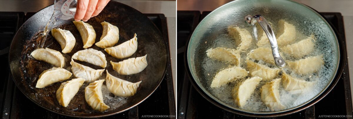 A hand adds water to a pan of dumplings cooking on a stovetop; on the right, the gyoza recipe continues as dumplings steam under a glass lid, filling the pan with savory aroma.