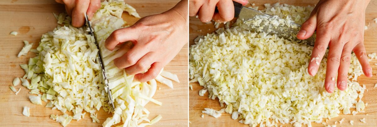 Two images side by side show hands finely chopping cabbage on a wooden cutting board—a key step in any Gyoza recipe. The left shows slicing into strips, while the right features dicing the cabbage into smaller pieces.