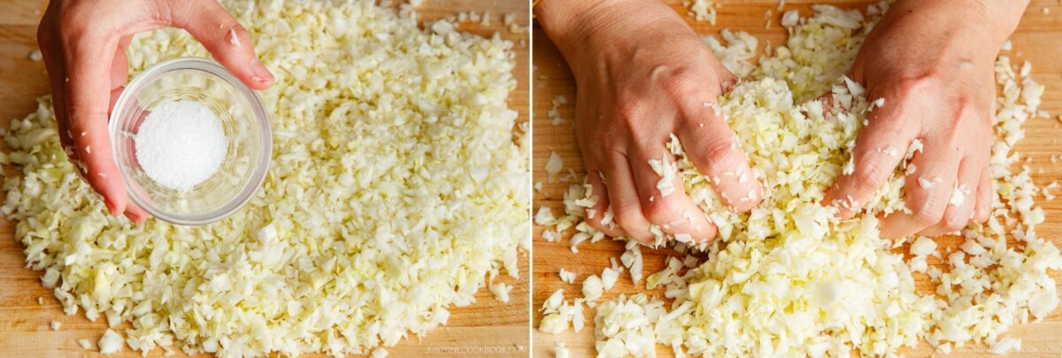 Two side-by-side images: on the left, a hand holds a small bowl of salt over a pile of chopped cabbage; on the right, hands mix the salt into cabbage—an essential step in prepping vegetables for any tasty Gyoza Recipe.
