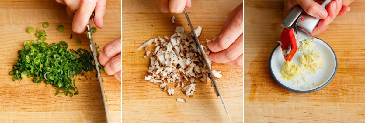 Three images show hands preparing ingredients for a Gyoza recipe: chopping green onions, dicing mushrooms, and pressing garlic into a small dish, all on a wooden cutting board.