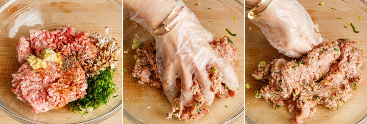 Three-panel image illustrating a Gyoza recipe: minced meat, chopped green onions, mushrooms, and seasonings in a bowl; a gloved hand mixing ingredients; then the blended gyoza filling being kneaded.