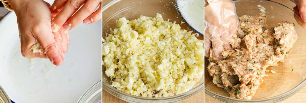 Three images show: hands squeezing liquid from grated potatoes, a bowl of drained potatoes, and a bowl of mixed potato, herbs, and other ingredients—just like prepping fillings for a Gyoza recipe—being combined by hand.