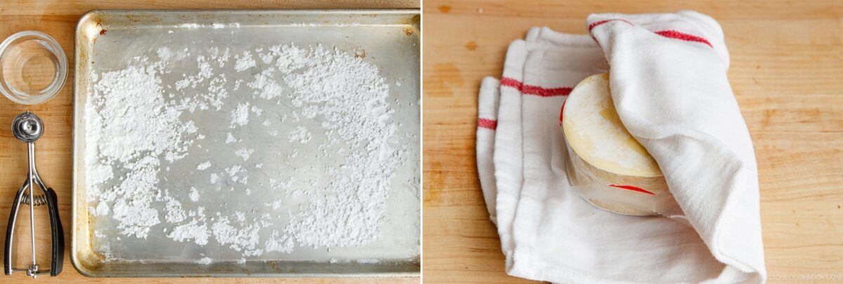 A metal baking sheet dusted with flour, a scooper, a glass bowl, and a kitchen towel on a wooden surface; next to stacked dough rounds covered with a white cloth and red-striped towel—perfect prep for your favorite Gyoza Recipe.