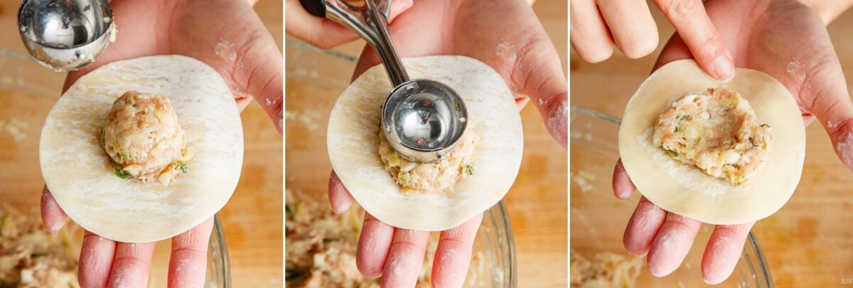 Three-panel image showing hands placing a scoop of dumpling filling onto a round wrapper using a small ice cream scoop, then pointing at the filling in the center—an essential step in any Gyoza Recipe.