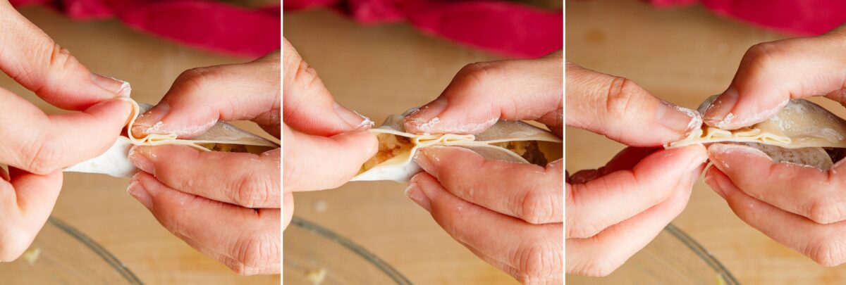 A close-up sequence showing hands folding and pinching the edges of a dumpling wrapper to seal it, capturing the delicate technique essential in any Gyoza Recipe, with a blurred background.
