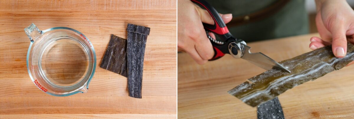 A strip of dried kombu next to a measuring cup of water on a wooden surface; a person cuts a kombu strip with kitchen scissors on a cutting board, preparing ingredients for Kombu Dashi (Vegan).