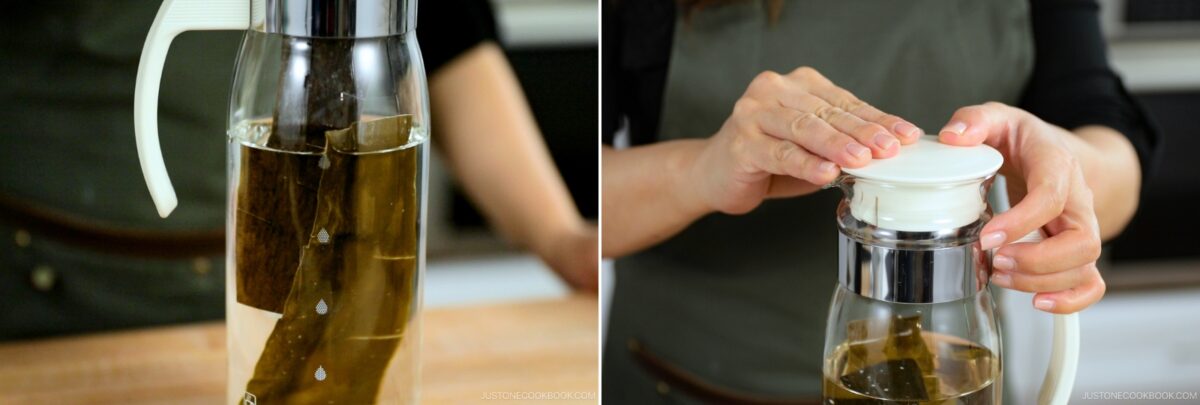 Left: A close-up of a glass pitcher with teabags steeping in water to make Kombu Dashi (Vegan). Right: A person wearing a green apron places a white lid on the pitcher to seal it.