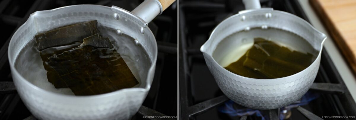 Two side-by-side images show a metal pot on a stove, with water and pieces of dried kelp slowly heating—an essential first step in preparing Kombu Dashi (Vegan), the classic Japanese broth.