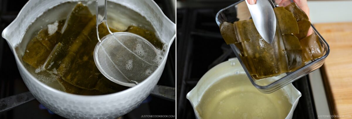 Left: Kombu seaweed simmering in a pot of water, being lifted with a mesh strainer to make Kombu Dashi (Vegan). Right: Kombu pieces are transferred to a glass container with tongs, with the flavorful broth underneath.