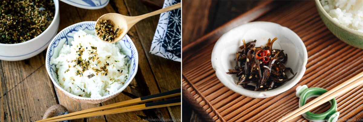 Split image: On the left, rice in a bowl topped with seasoning, possibly infused with Kombu Dashi (Vegan), being sprinkled from a spoon. On the right, a small bowl of seaweed salad with red chili sits beside bowls of rice and chopsticks on a wooden mat.